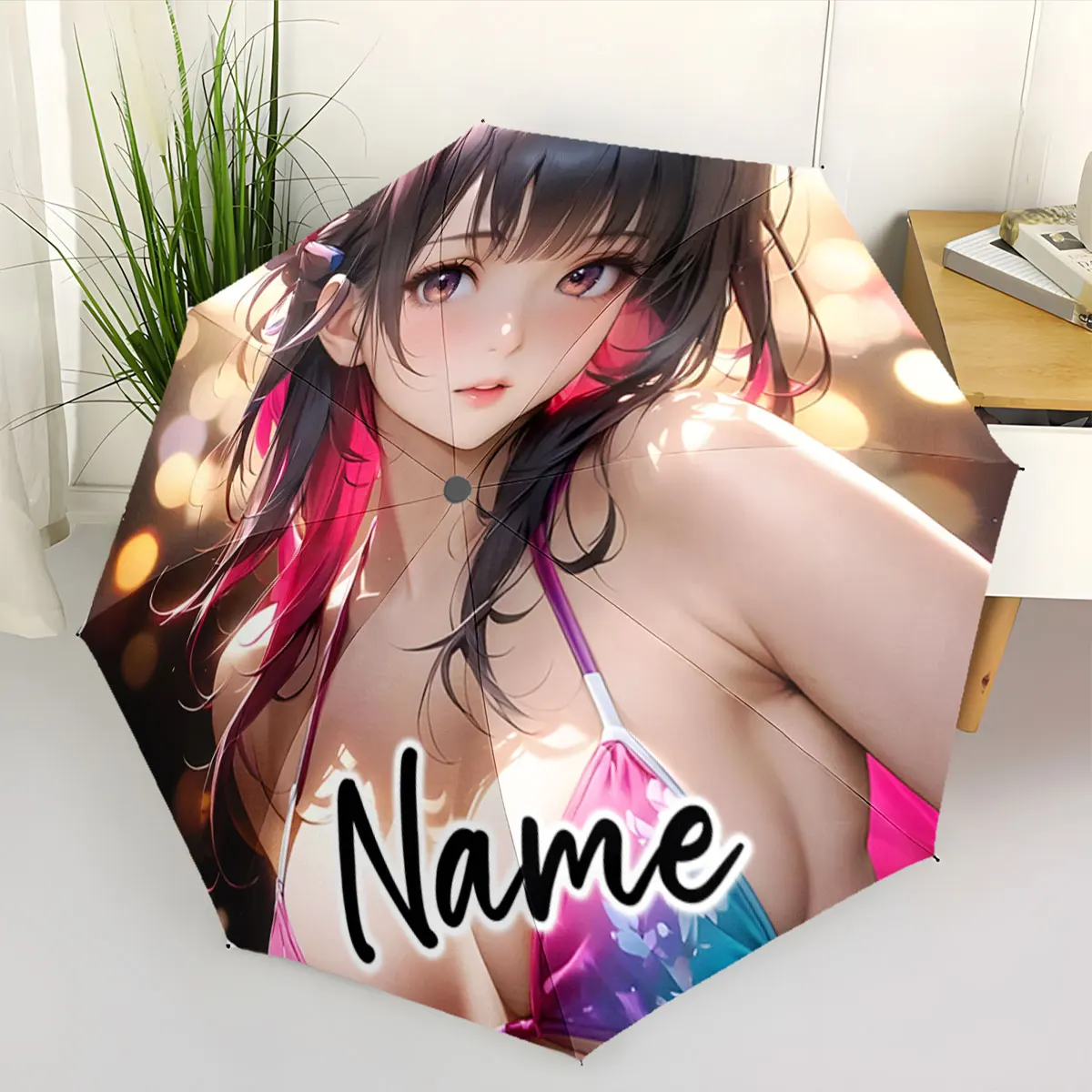 Custom Name Umbrella Anime Character on Stylish Umbrella Print 8 Iron Ribs Folding Umbrella Auto-Open Fashion Sunshade