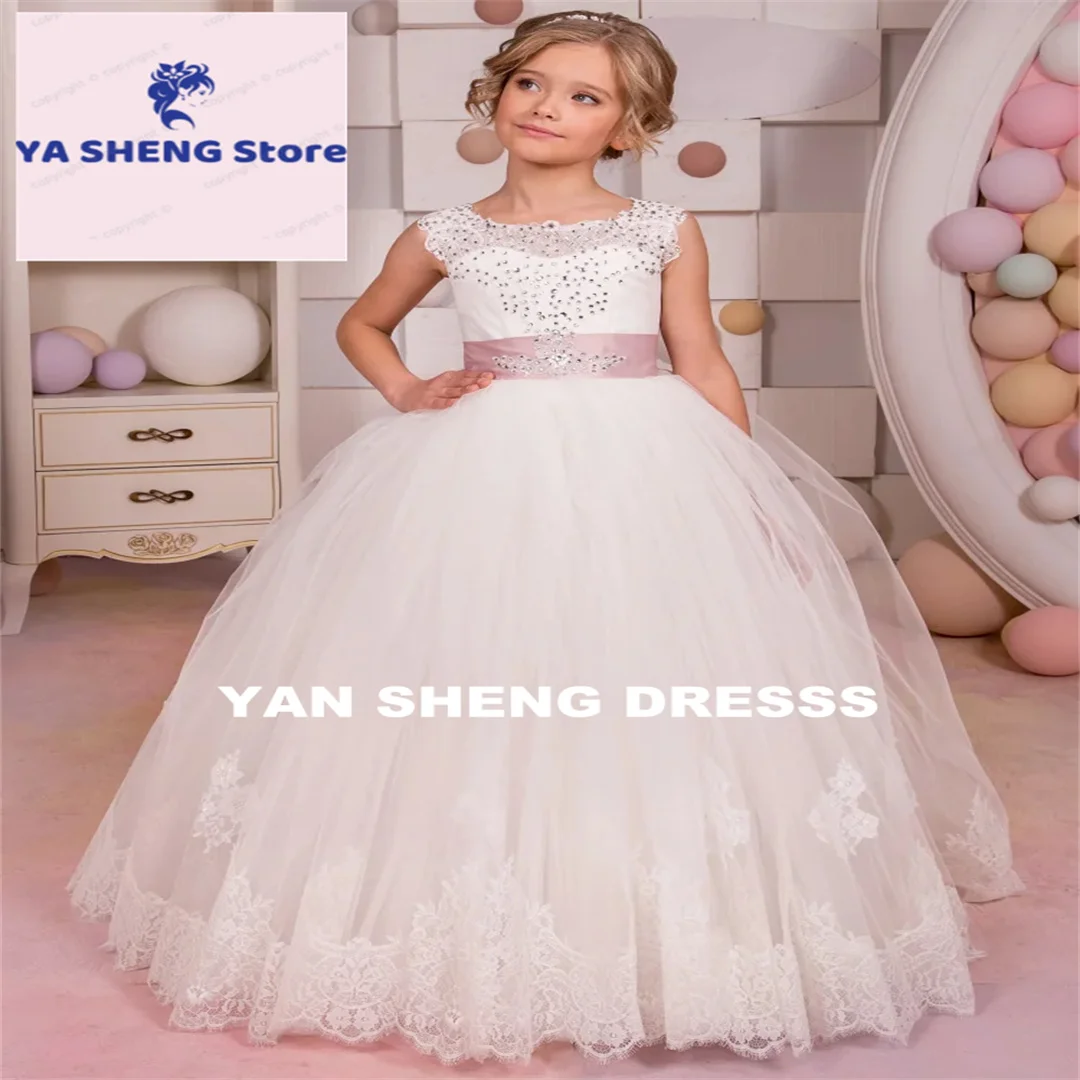 Customized Flower Girl Dresses White Diamond Lace Appliques With Pink Bow Sleeveless For Wedding Birthday Party Banquet Gowns