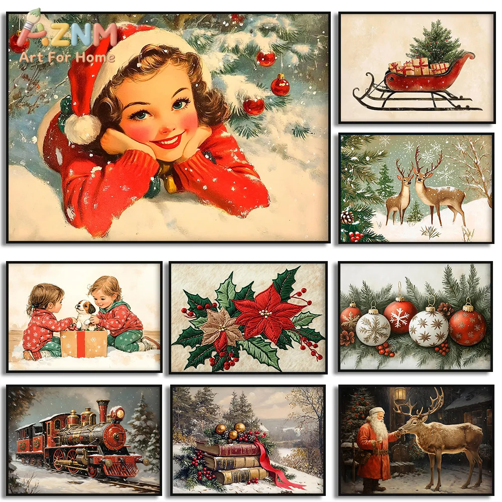 Vintage Christmas Flower Rustic Pickup Sleigh Reindeer Posters and Prints Canvas Printing Wall Art Picture for Living Room Decor