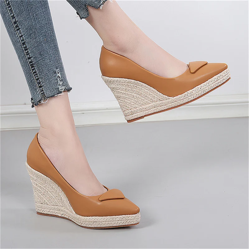 Fashion Fisherman Shoes Thick Jute Sole Platform 10cm Super High Heel Pumps Low Cut Pointed Toe Wedge Shoe Woman Espadrilles