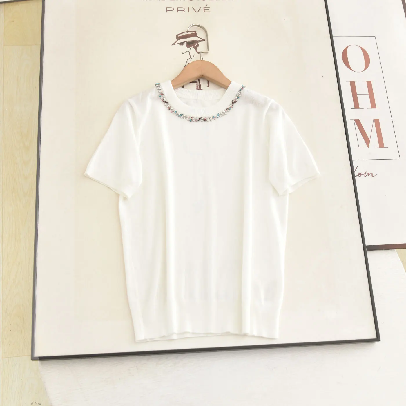 Ice Silk Short Sleeve Knitted Top Women's Summer New Style Heavy Embellished Rivet Casual round Neck  Color Knitwear