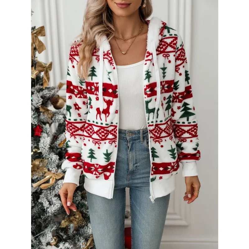 

Lined Hooded Jacket Christmas Print Plush Festive Reindeer Snowflake Stretchy Polyester Blend Winter Coat Holiday Parties
