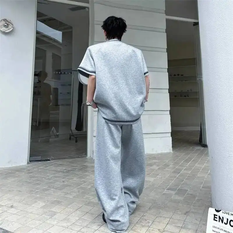 Piece Men's Two Set Summer New Loose Casual Flame Print Spray Washed Short Sleeve T-shirt And Outfit Wide Leg Pants GWXN view 3