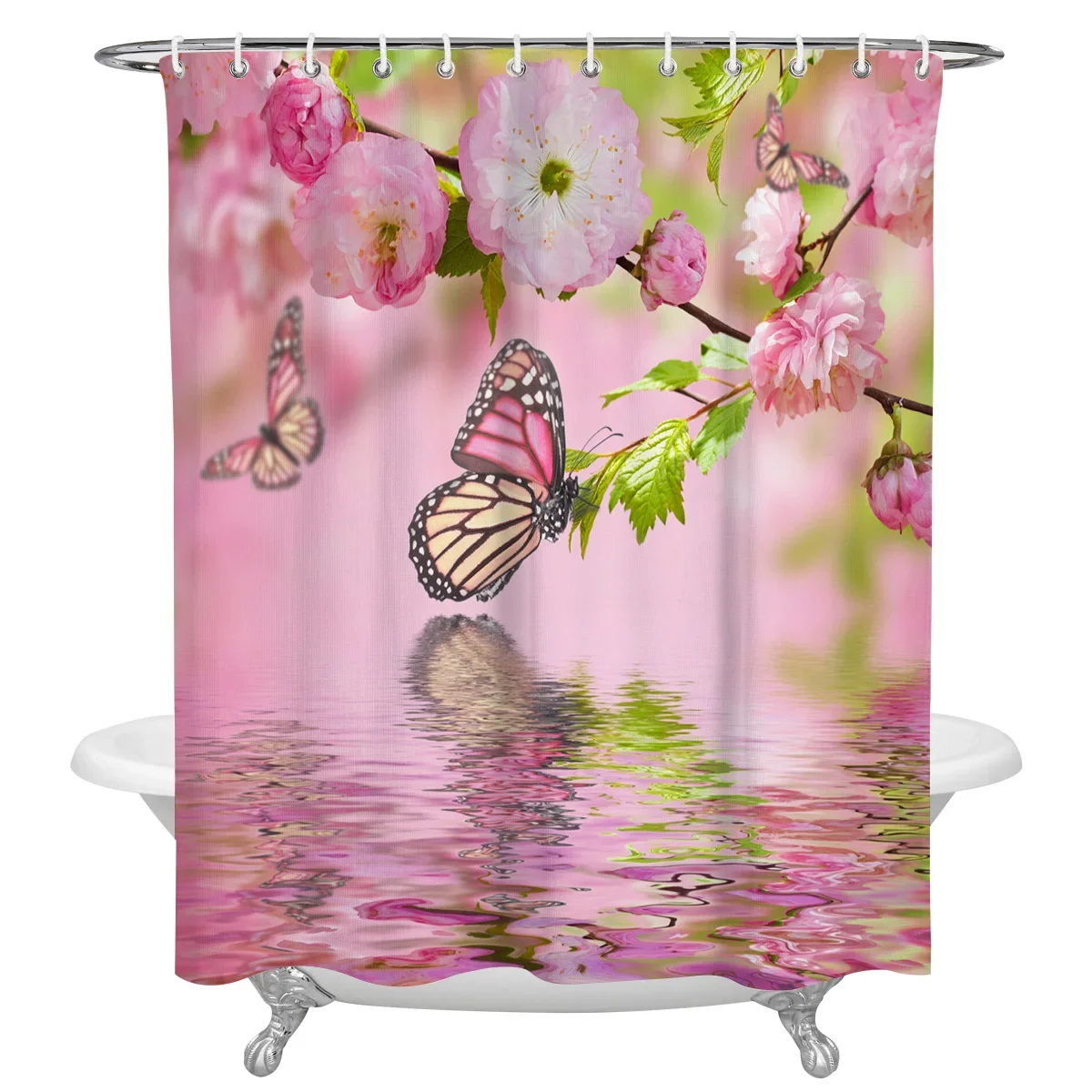 Butterfly Water Wave Pink Flower Shower Curtains Bathroom Accessories Polyster Curtains Home Wall Decor Waterproof Bath Cortinas