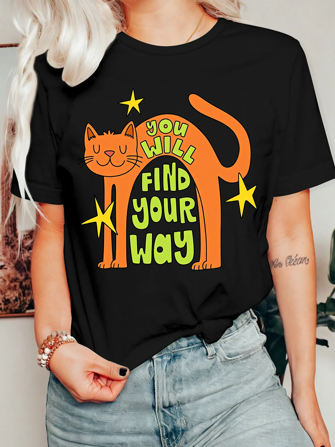 Positive Quote Cat Womens Crew Neck Short Sleeve T Shirt You Will Find Your Way Retro Cartoon Casual Graphic Tees For Ladies