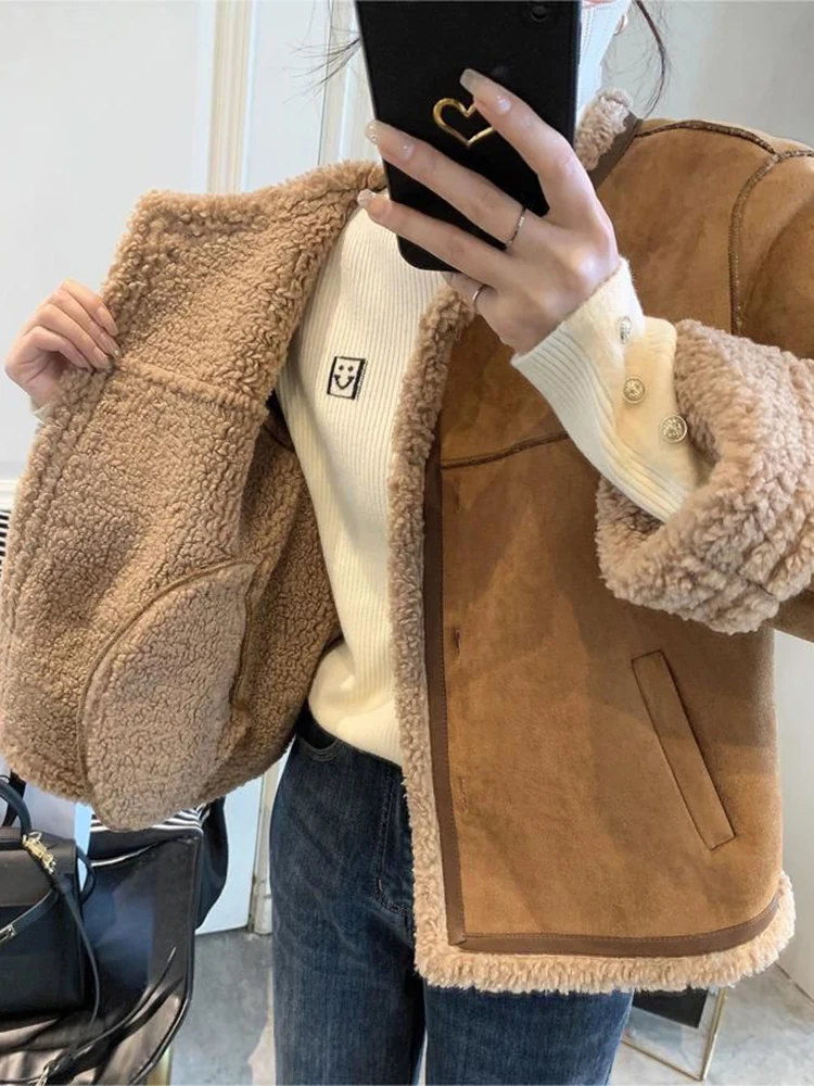 2023 Winter Lambswool Bomber Jacket For Women Suede Fabric BF Wind Fur One Coat with Zipper Thick Warm Cropped Biker Jackets