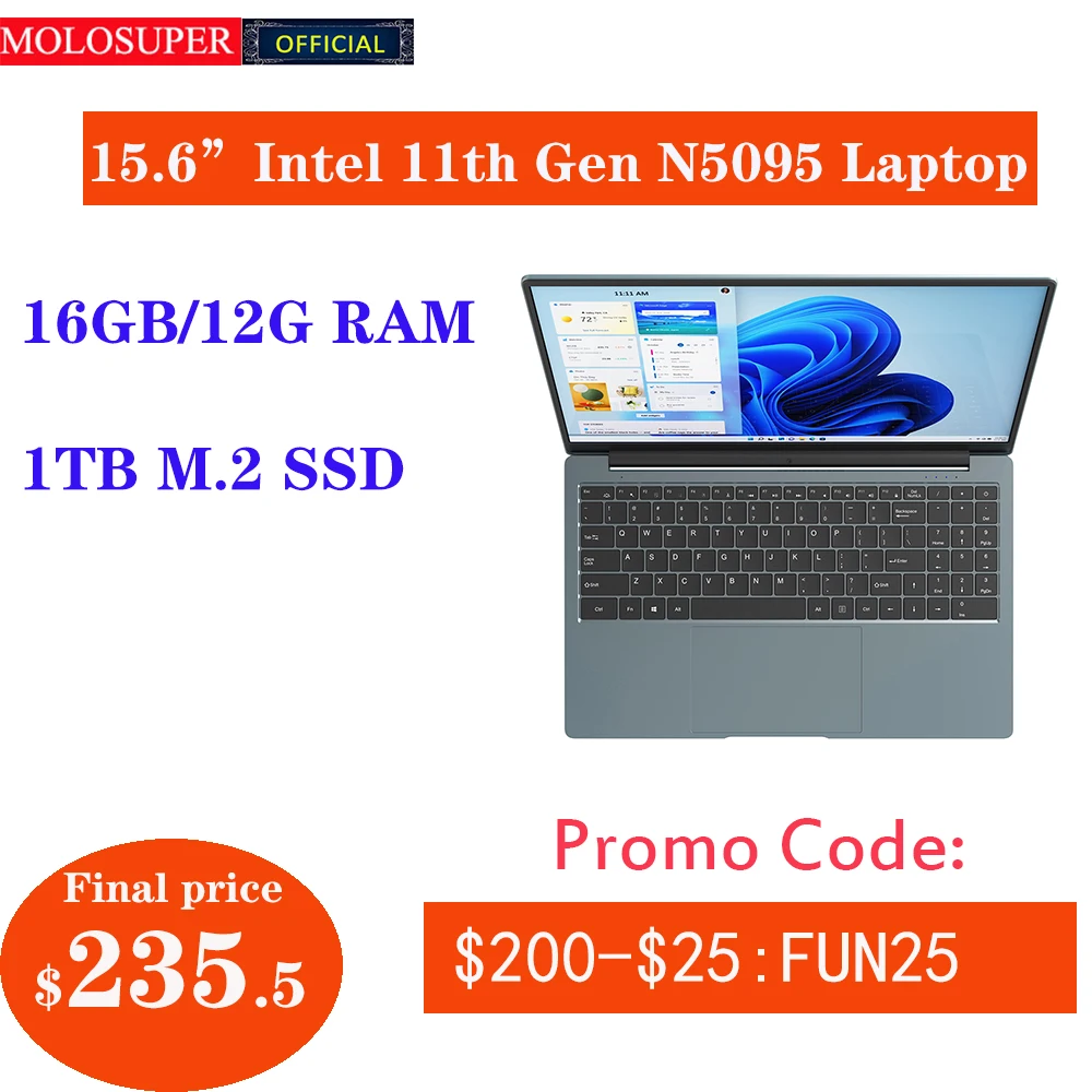 MOLOSUPER 15.6 inch Sales School Laptop 16GB/12GB DDR4 RAM M.2 SSD N5095 Quad Core Windows 11/Win10 Office Notebook Computer