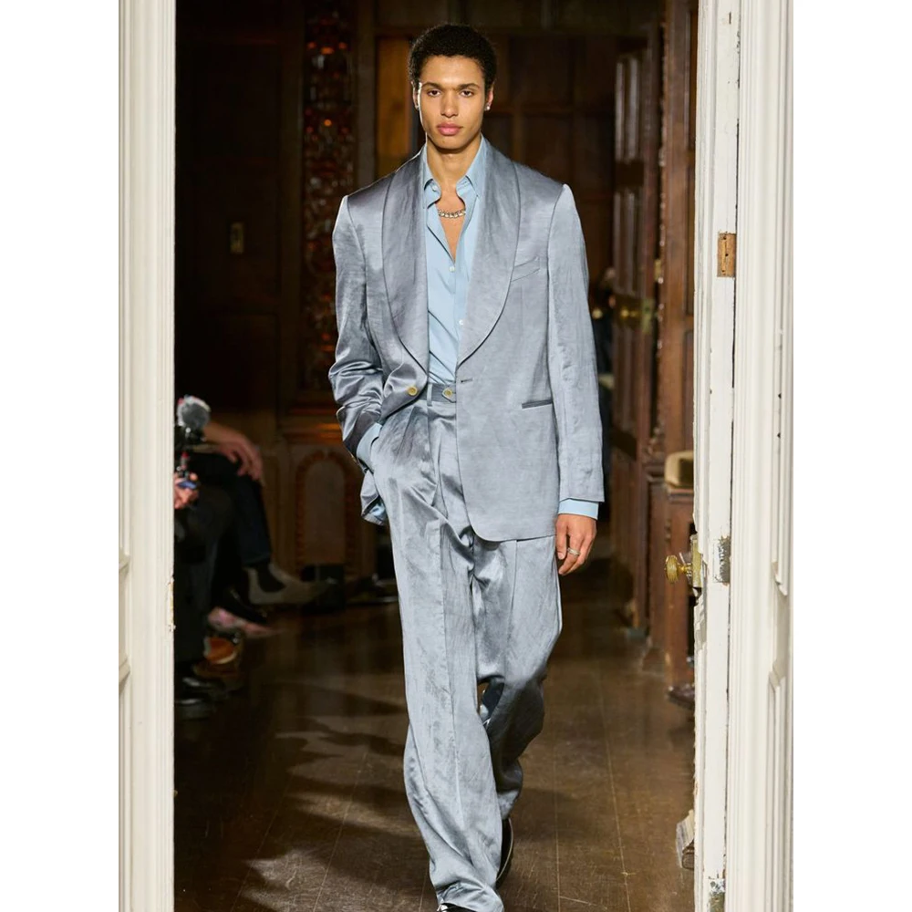

Advanced Relaxed Haze Blue Men‘s Single-Breasted Suit 2 Piece Jacket Pants Set Shawl Lapel Loose Fit Office Party Male Outfit