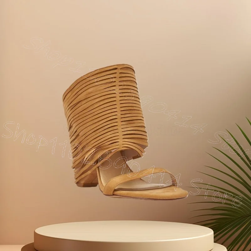 

Brown Suede Hollow Tassels Open Toe Slippers Slip On Women Shoes Chunky High Heels Party Feast Dating 2026 Zapatos Para Mujere