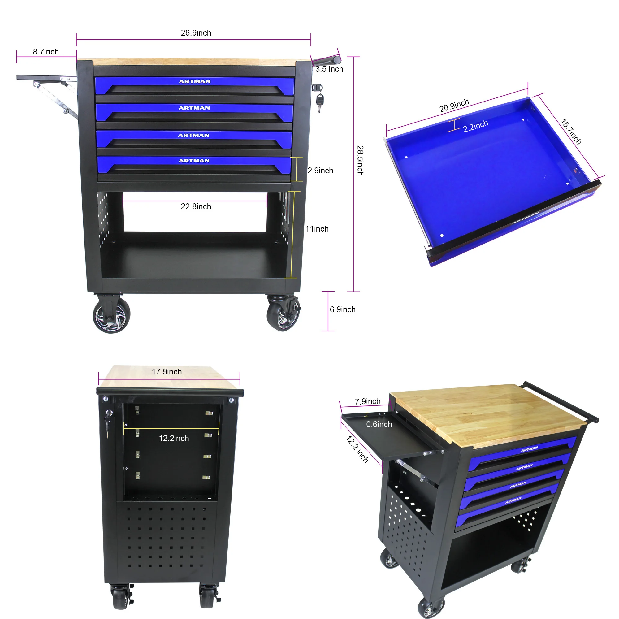 4 DRAWERS MULTIFUNCTIONAL TOOL CART WITH WHEELS AND WOODEN TOP