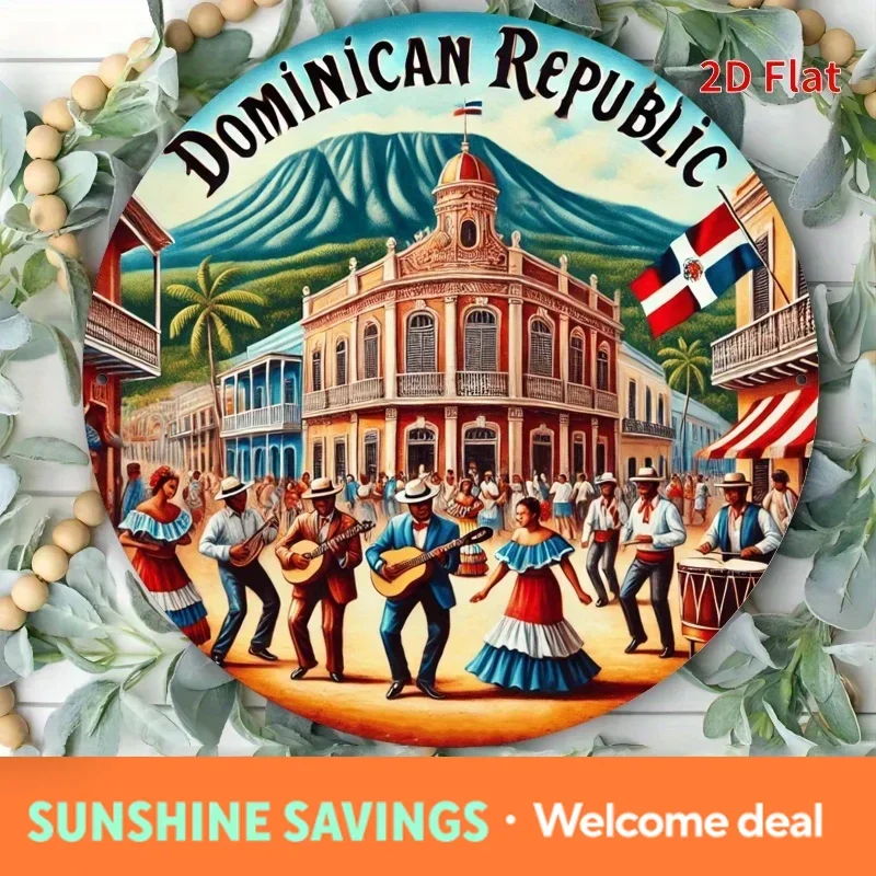 Letrero Redondo Metálico Vintage de la República Dominicana, con Diseño Vibrante de Festival de Baile de Merengue y Paisaje de Edificios Coloniales