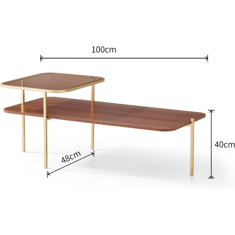 リビングルーム用のモダンなガラスと木製のコーヒーテーブル、ミッドセンチュリーの茶色のガラスのコーヒーテーブル、2層のセンターテーブル
