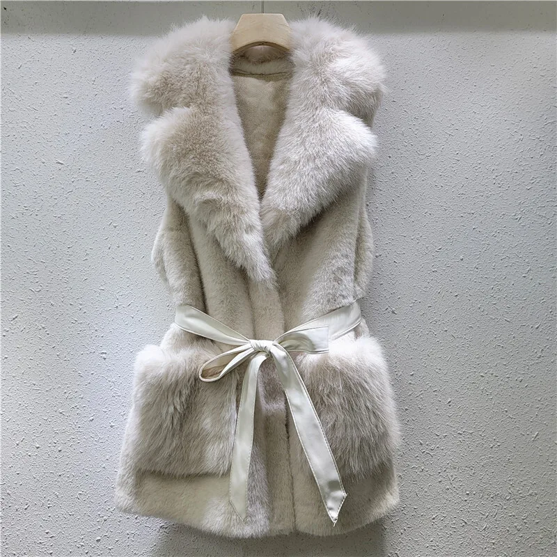 [zoci] 2024 Autumn Winter Vest Mid To Long Style Lapel Strap Pocket Simulation Mink Fur Grass Clip