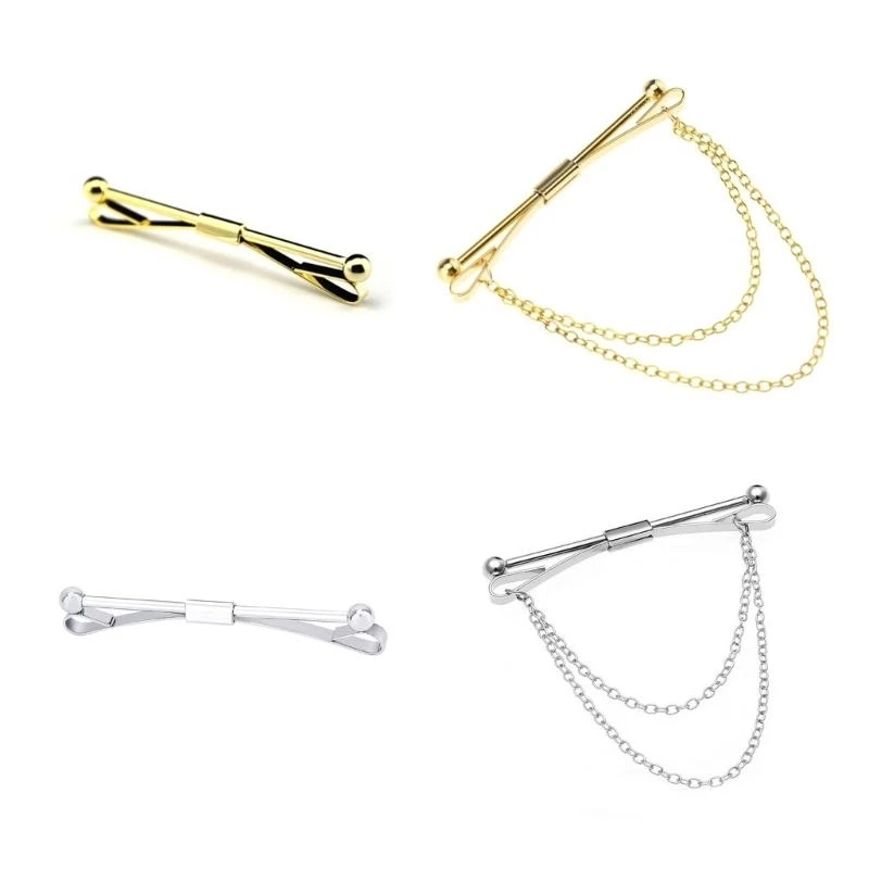 39BC Mens Shirt Collar Clip with Double Chain Tassels Neck Tie Cravat Bar Pin Clasp