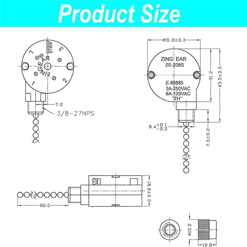 

N10R 2PCS Ceiling Fan Lights Switch ZingEar ZE-208S E89885 3 Speed 4 Wire Fan Switch Pull Chain ,Fan Lights Switch,Bronze