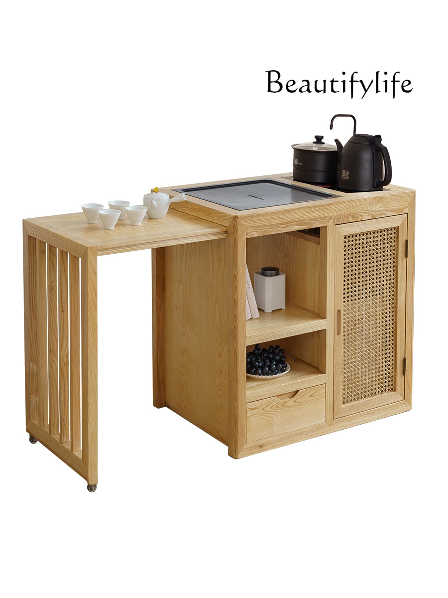 

New Chinese Style Retractable Tea Table Double Door Folding Tea Cabinet Black Stone Countertop Balcony Small Tea Table