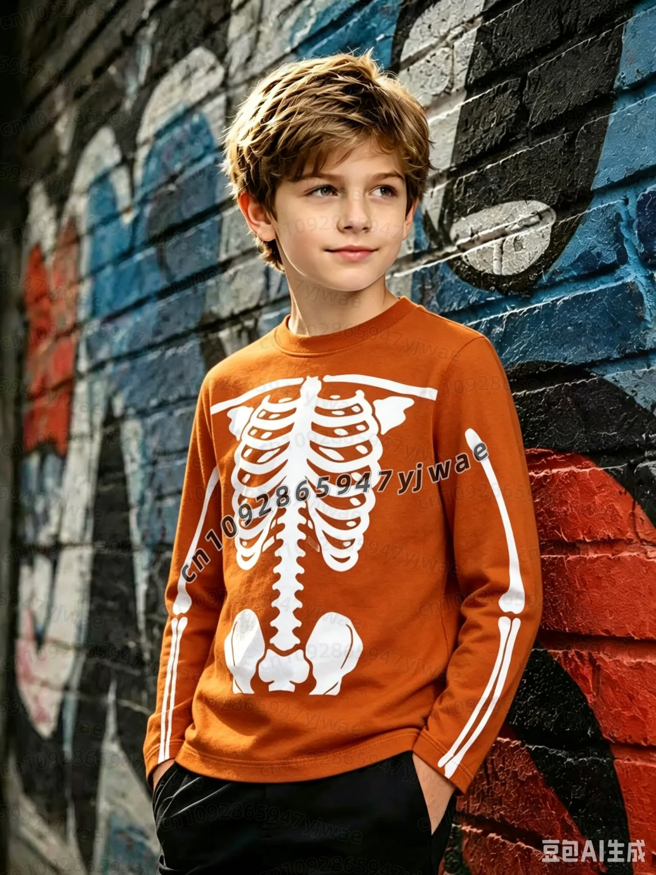 Halloween KIDS Herren Damen Gothic Skelett-Print Langarmshirt Rundhals-Oberteil Freizeit- & Themenbekleidung Halloween Kinder T-Shirt – Detail 6