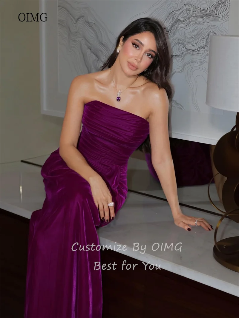OIMG Simple Purple Strapless Mermaid Prom Gowns Backless Party Gown Velvet Floor Length Evening Dress 2026 Customized image 3