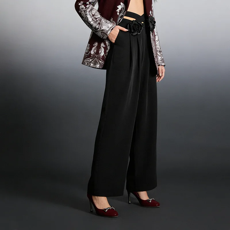 HKSH Women Chic Wide Leg Pants Three-dimensional Floral Waist Hollow Out Draped Slimming Casual Korean New Spring Autumn HK20366