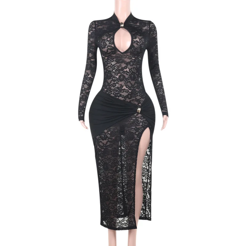 Elegant Full Sleeve Metal Buckle Ruched High Split Club Party Long Robe Women Sexy Hollow Out Lace Maxi Dress Birthday Dresses