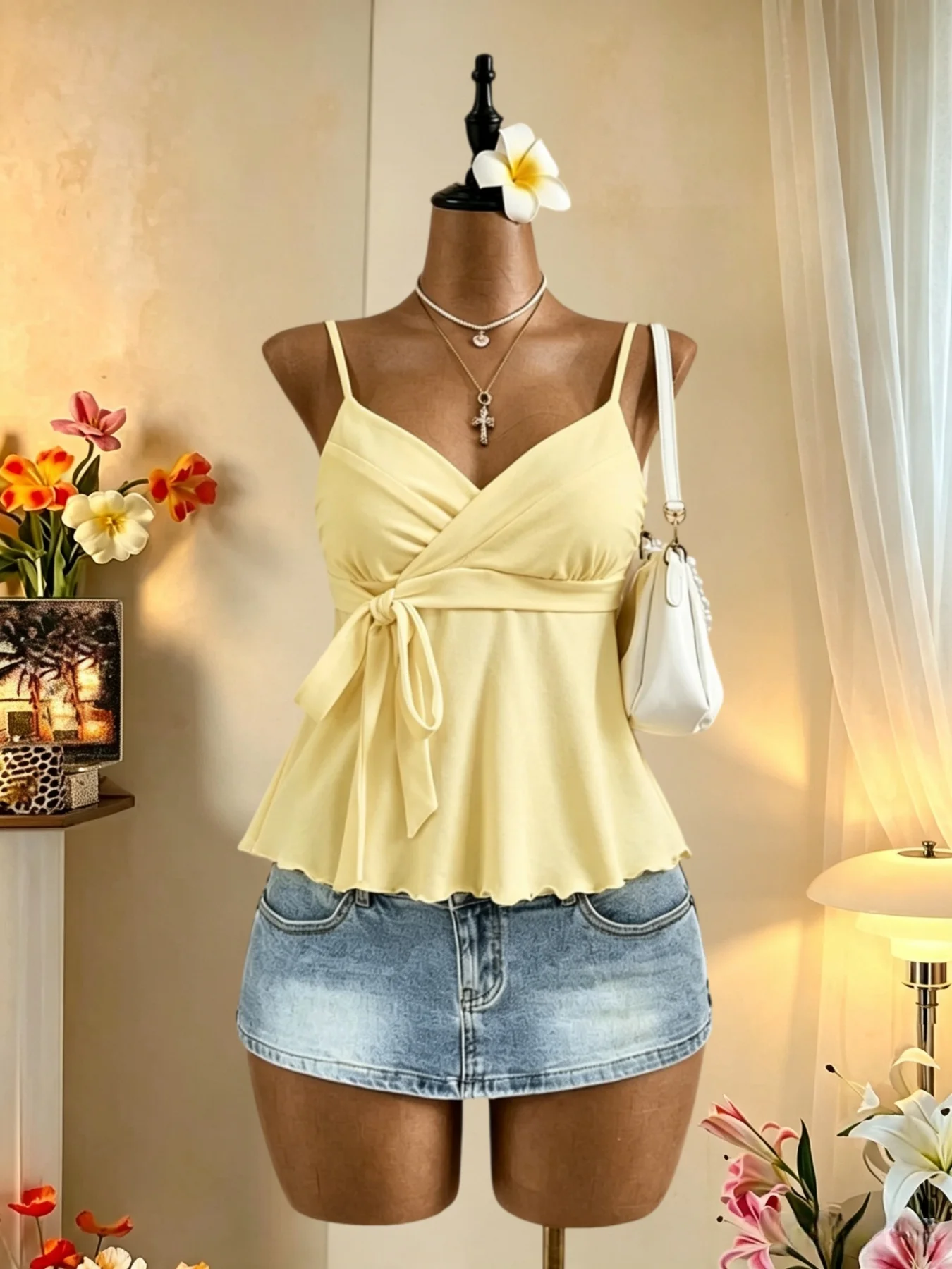Women Spaghetti Strap Cami Top V‑Neck Surplice Wrap Side Tie Bow Knot Peplum Flared Hem Sleeveless Casual Summer Y2K Fitted Tank