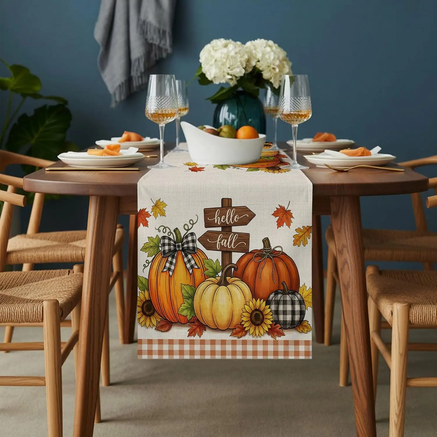 Autumn Pumpkin Maple Leaf Buffalo Plaid Linen Table Runner Home Decor Fall Harvest Kitchen Dining Table Cloth Thanksgiving Decor