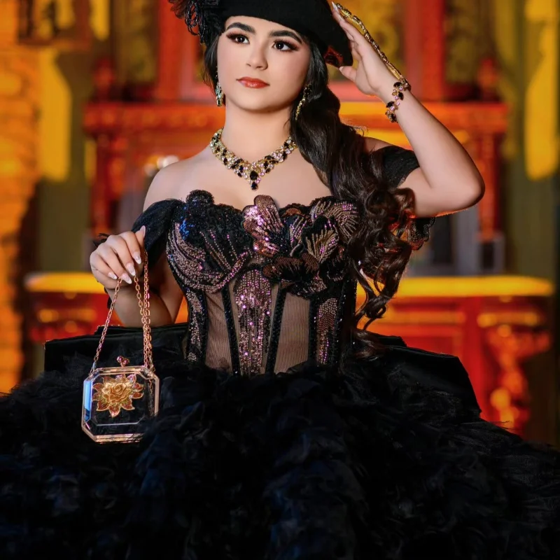 Black Quinceanera Dress Glitter Crystal Decal Long tail off-shoulder Lace Layered Bow Vestidos De 15 Quinceanera ﻿Customize