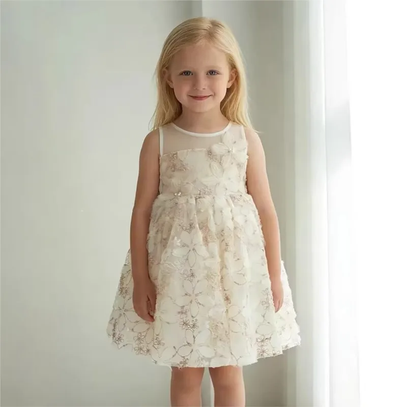 Baby Girl Princess Sequins Floral Lace Dress Sleeveless Toddler Teens Child Vestido Birthday Wedding Party Baby Clothes 1-12Y
