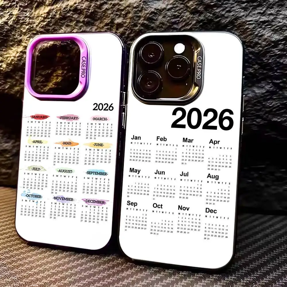 

New Year 2026 Calendar Pattern Colorful Silver Back Phone Case For IPhone 17 16 15 14 13 12 11 Plus Pro Max Plus