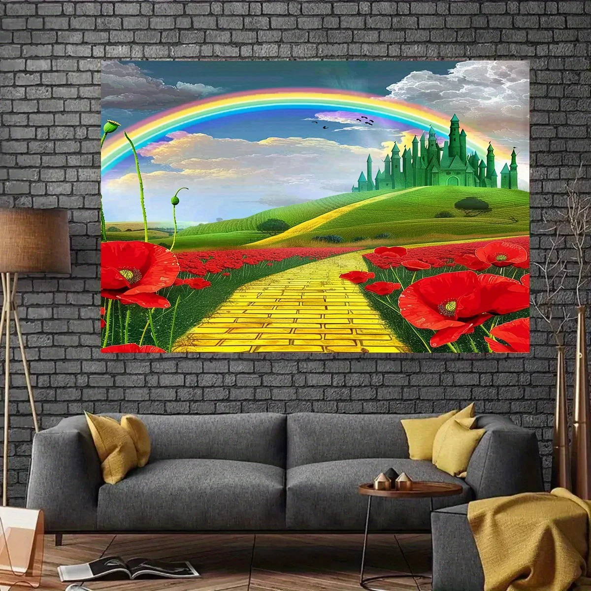 Greentown-Hintergrundstoff, gelbe Ziegelstraße und Mohnblumen-Design