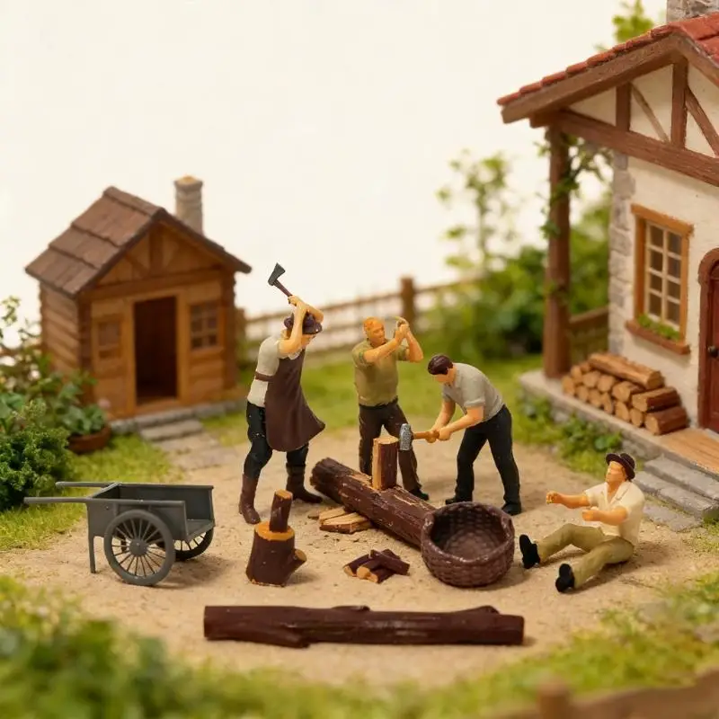 Lumberjacks Figures Model 1:64 Scale Hand Painted Miniature Figure for Miniature Scene Dioramas Props,Layout Decors Set D2RD