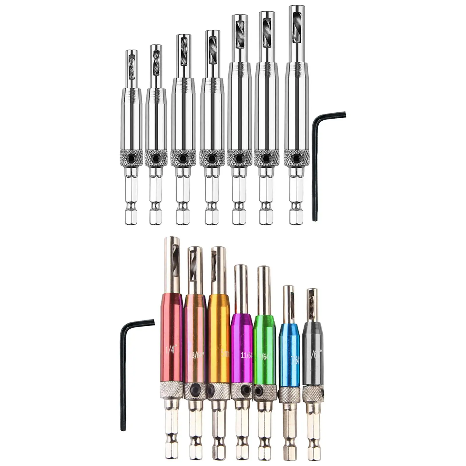 7x Self Centering Drill Bit Set with 1 Hex Key for Woodworking Door Window