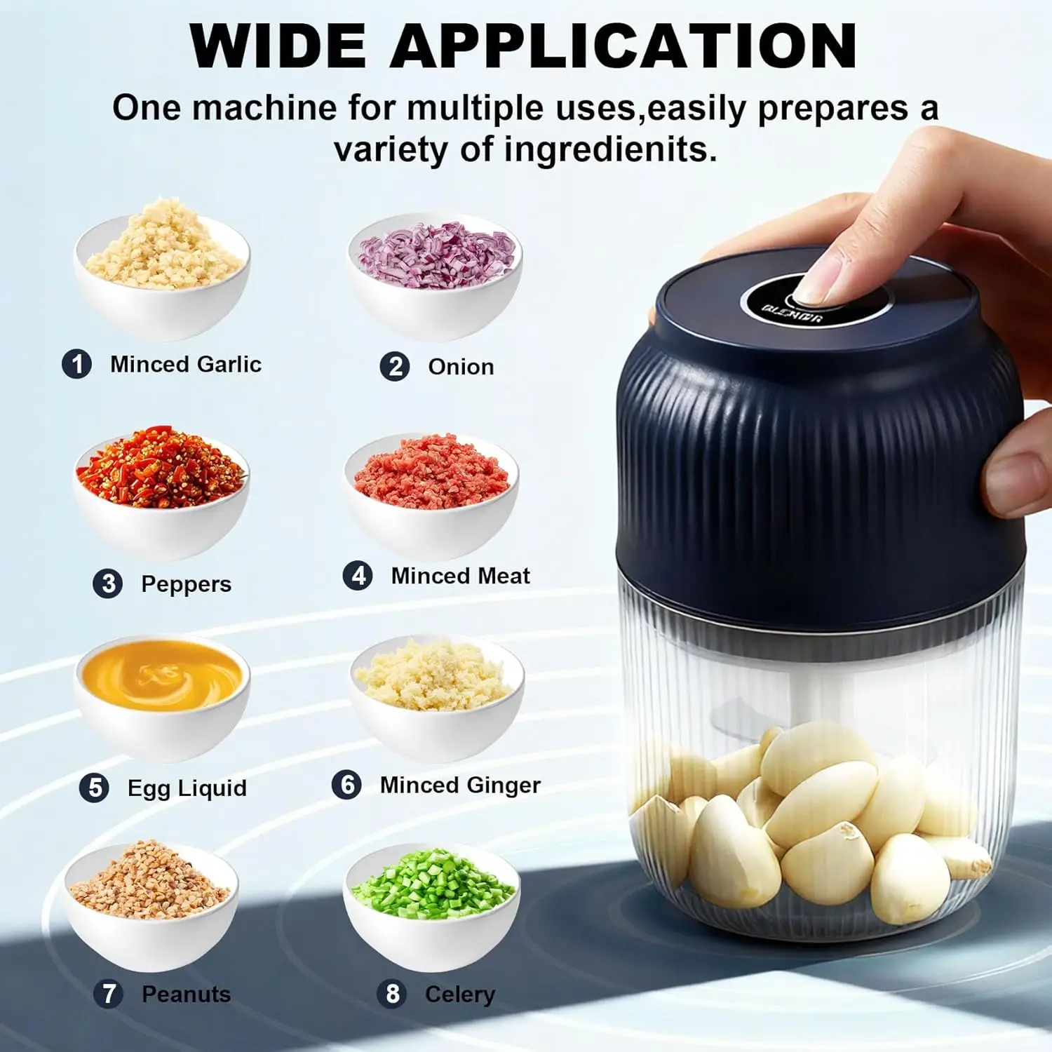 Electric Garlic Chopper, Mini Portable Veggie Chopper, 250ML Garlic Grinder Masher Onion Grinder, Blender to Vegetable, Wireless Food Processor for Ginger, Chili, Fruit, Meat, etc view 5