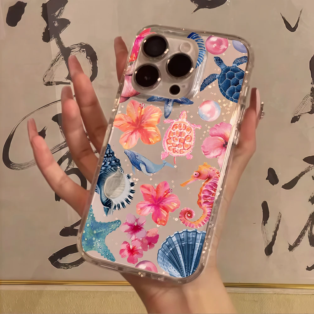Summer Sea Turtles Clear Glitter Phone Case For iPhone 17 15 13 16 12 11 14 Pro Max 17 Air XR X 16e Cases Shockproof TPU Cover view 5