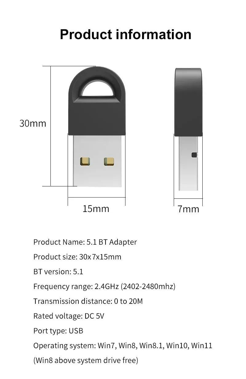 USB Bluetooth 5.1 Adapter with Key Ring Design Durable Metal & Plastic Stable Connection for PC Laptop Wireless Speaker Audio