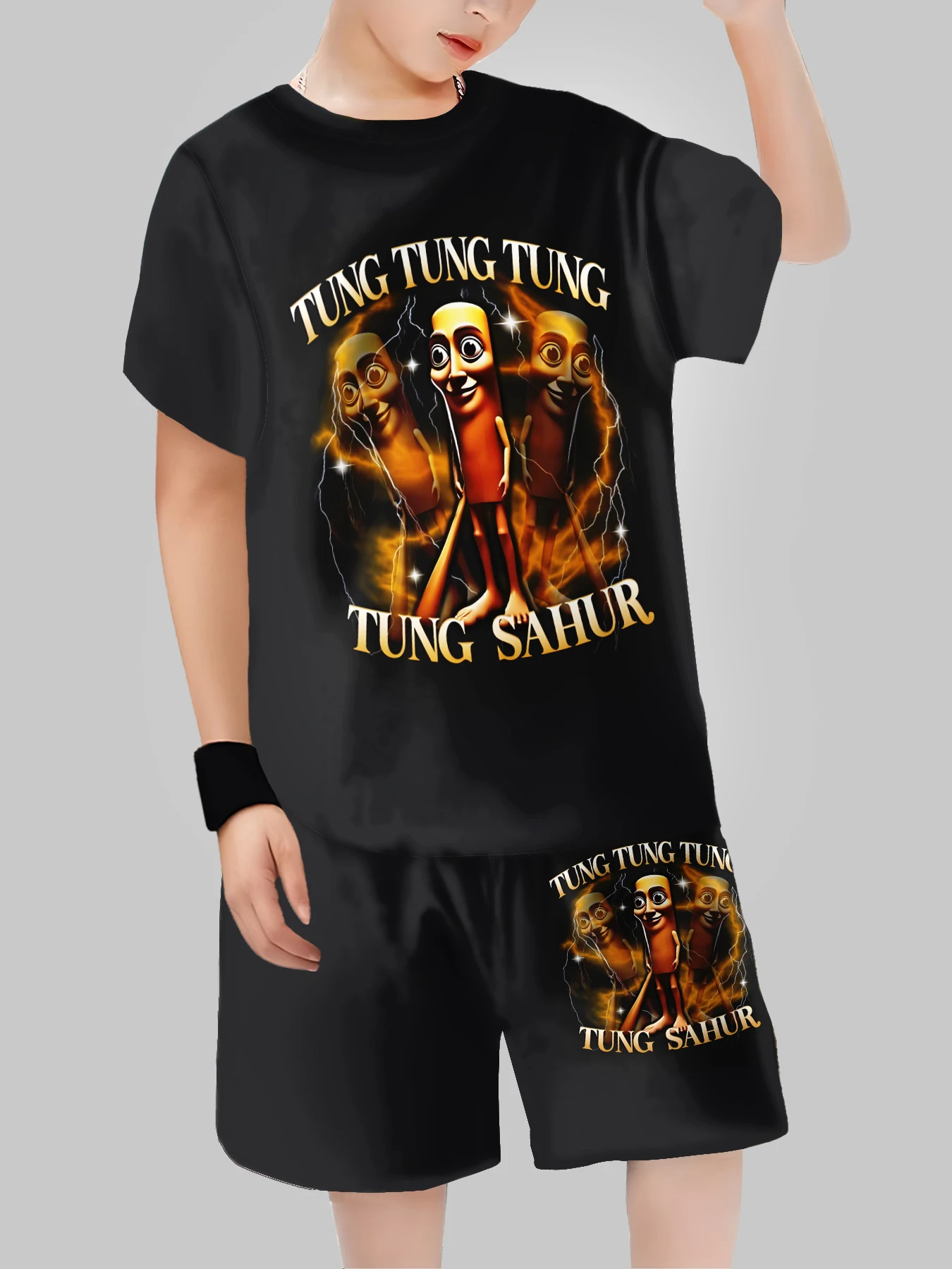 2025 موضة جديدة ألعاب AI TungTungTung Sahur تصميم تي شيرت + شورت ملابس الصيف مجموعة بدلة رياضية تي شيرت وسراويل ملابس أطفال