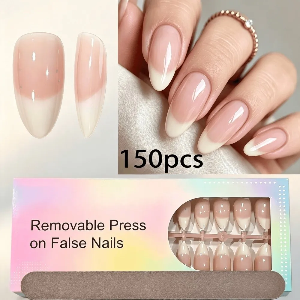 150 Pieces Press On Nails Glossy Finish Medium Almond Shape False Nail Tips Gradient Blending Milk Tea Color Fake Nails