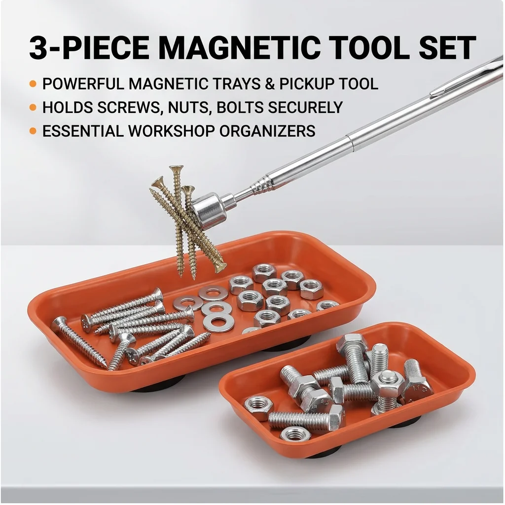 3-Piece Set (2 Trays + 1 Magnetic Picker) Heavy-Duty Magnetic Parts Tray Set - Non-Slip Storage Tray for Storing Screws, Nuts, B