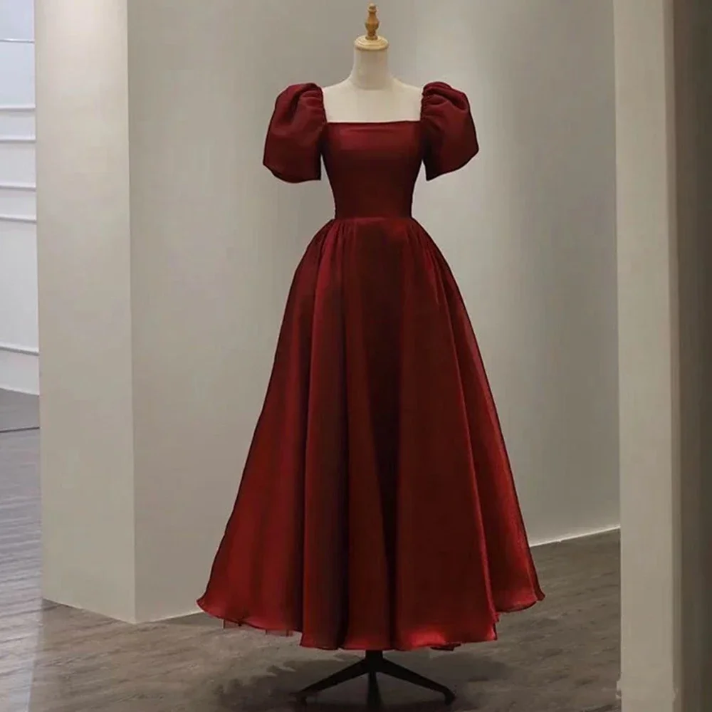 Robe de Soirée en Organza à Manches Courtes et Col Carré pour Femme, Tenue de Bal de Forme Trapèze