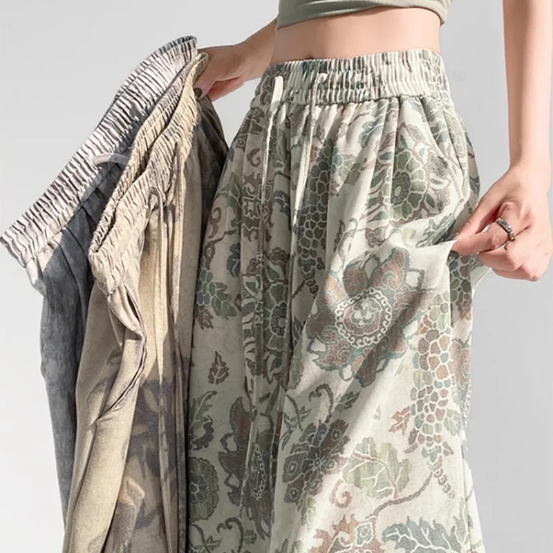 الحرير الجليد القطن الكتان المطبوعة واسعة الساق السراويل الصيف رقيقة تنوعا سراويل تقليدية مريحة عالية الخصر ثنيات السراويل المستقيمة