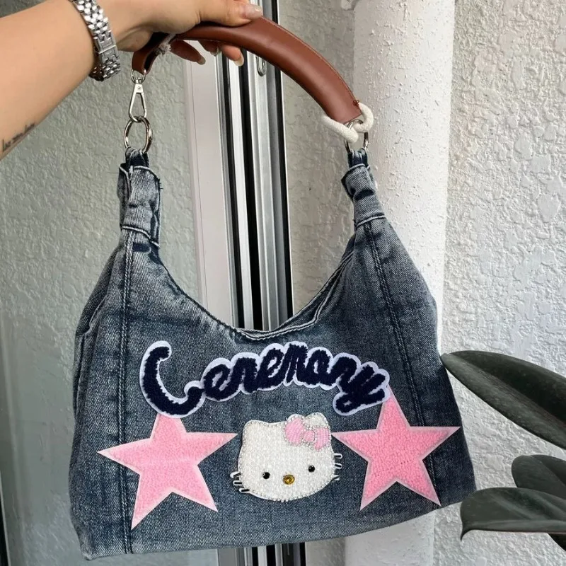 

Sanrio Denim Hello Kitty Shoulder Bag for Women Girl Kawaii Underarm Bag Mini Luxury Designer Handbag Portable