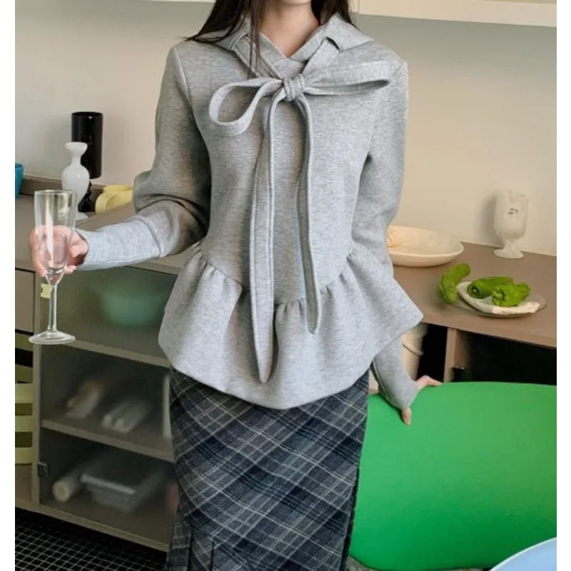 V-neck Women's Unique Lace-up Bow Hooded Pullover Loose and Laid-back Casual All-purpose Top Coat