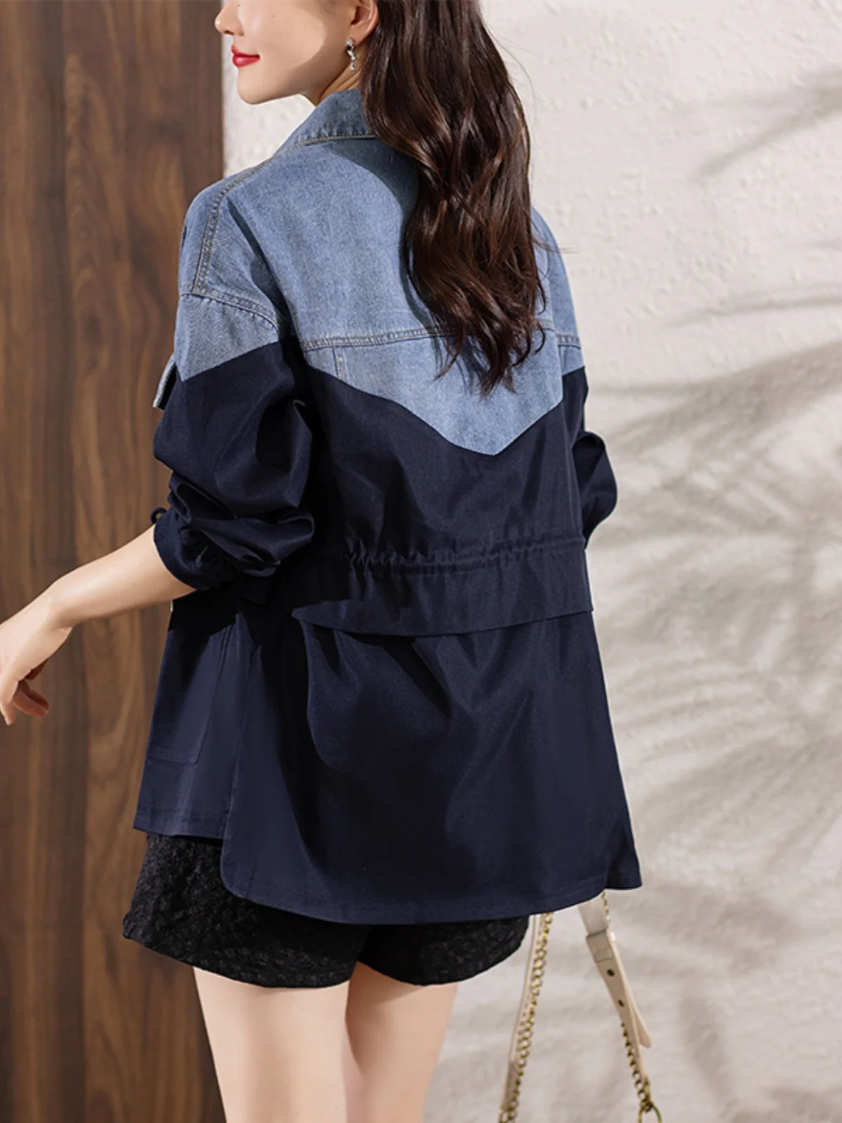 Vintage Washed Contrasting Denim Patchwork Jacket Women Splicing Style Drawstring Coat Loose Casual Waist Tied Long Sleeved Top