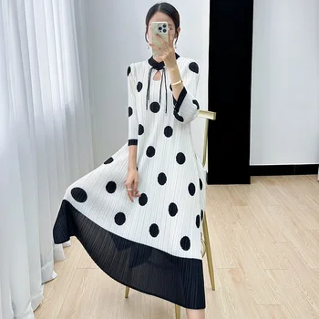 미야케 폴카 도트 프린트 스탠딩 칼라 여성 원피스, 7 소매 미디 원피스, 하이 퀄리티 플리츠, 초가을 신상 패션, 2023
