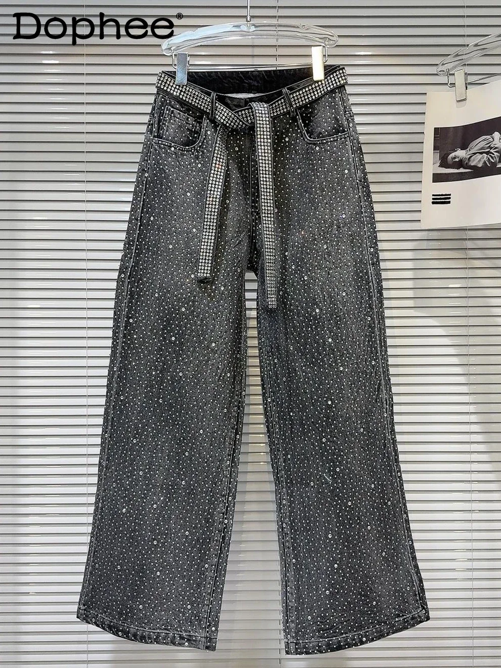 

Wide Leg Jeans High Street 2024 Attributes Winter New Heavy Industry Star Hot Diamond Belt Design Baggy Pants Black Grey Jeans