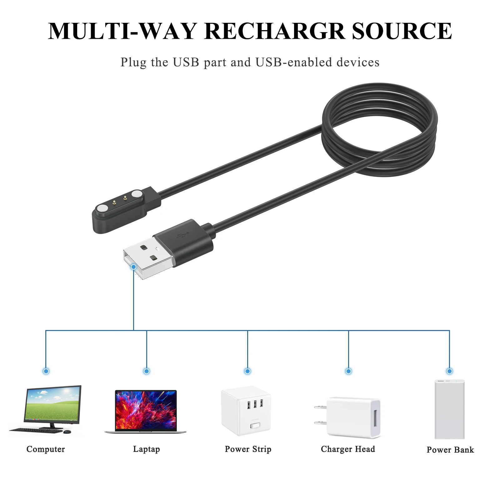 USB Charging Cable For Xiaomi Haylou RT LS05S/YAMAY SW022/MI IMILAB KW66/Haylou Sloar LS05/Ticwatch CXB01 Smart Watch Charger