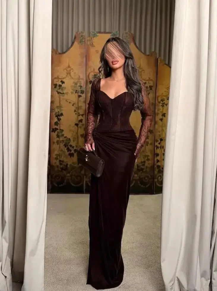 

Arabia Luxury Dark Brown Velvet Evening Dresses Square Neck Lace Long-Sleeve Corset Dress For Gala Prom فساتين سهرة