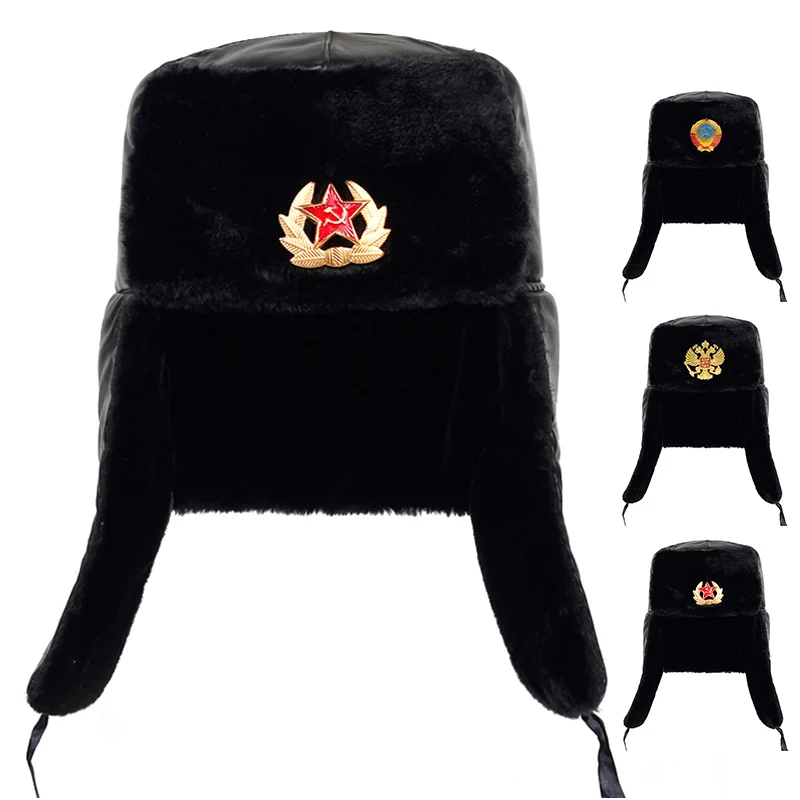 Soviet Army Military Badge Russia Ushanka Bomber Hats Pilot Trapper trooper Hat Winter Faux Rabbit Fur Earflap Men Snow Caps