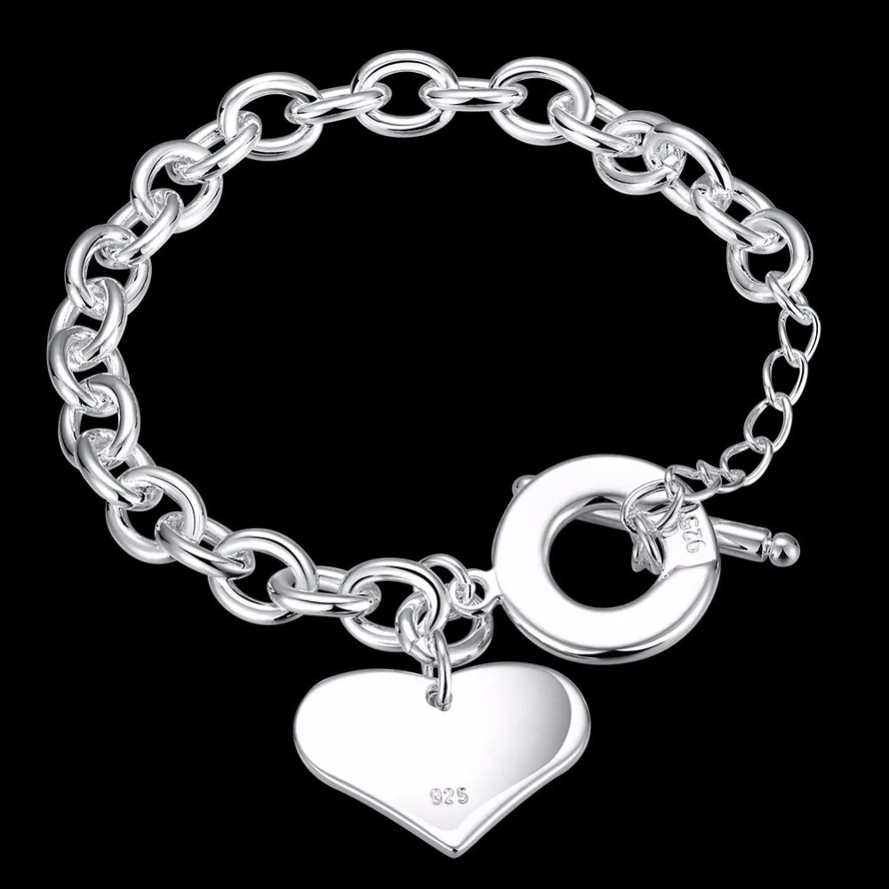 Hot Sale 925 Sterling Silver Lucky Bracelets Cuff Fashion Love Heart Chain Bangle Women Ladies Girls Jewelry Gift Christmas