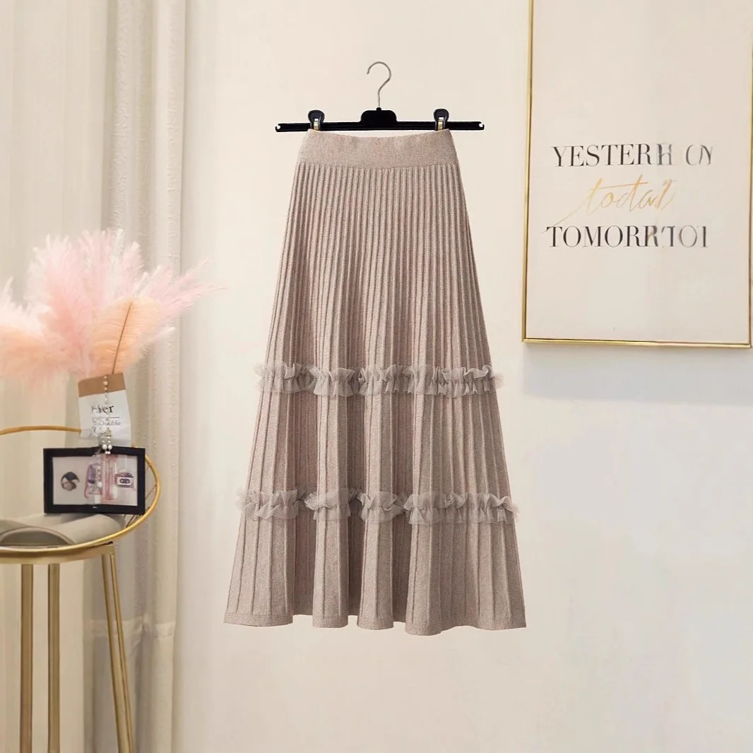 Women's Pleated Skirt Autumn Winter High Waist Umbrella Skirt Covering Flaws Mid-Length Knitted Skirt Mesh Splicing A-Line Skirt
